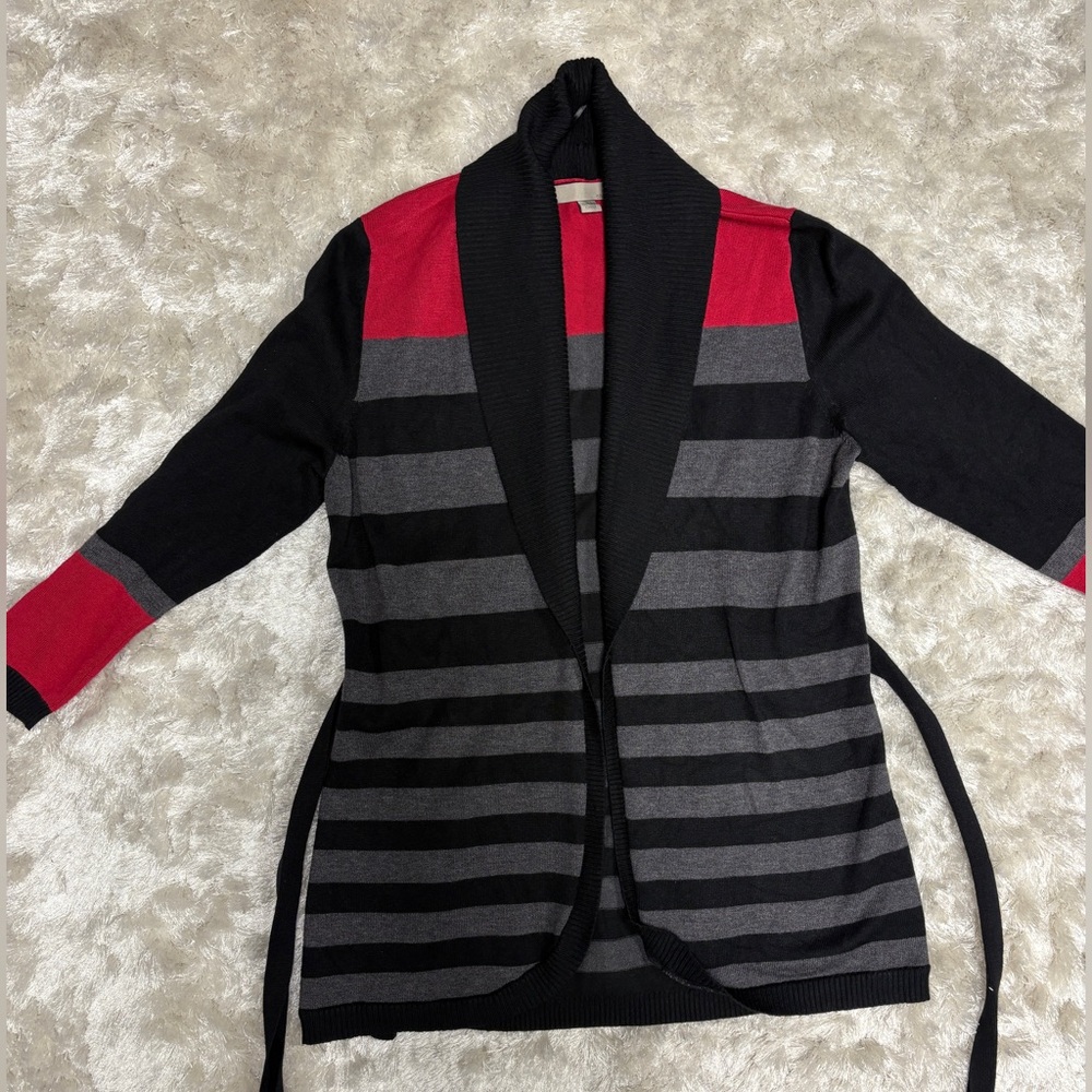 Striped Cardigan Black, Gray, Red -3/4 sleeve-Women’s S -Good condition